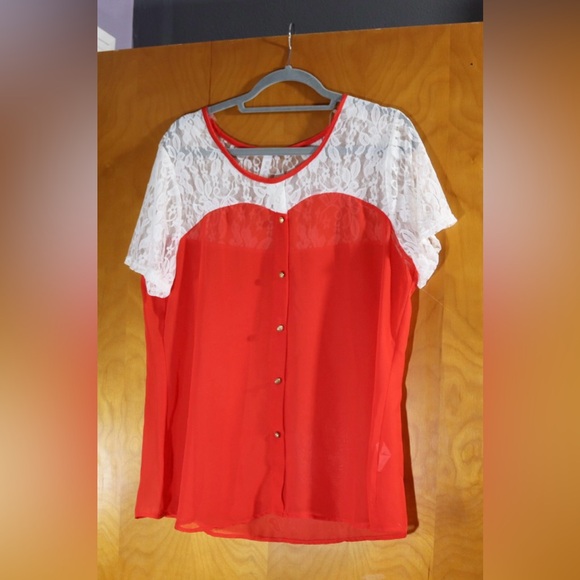 Blue Note red sheer with white lace top, size 2X - Picture 1 of 8